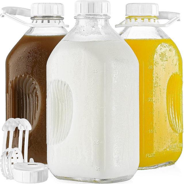 3 Pack 64 Oz Heavy Duty Glass Milk Bottle with Reusable Airtight SCREW LID, 2 Qt Glass Water Bottle with 2 Exact Scale Lines - Glass Milk Jug Pitcher - 1/2 Gal Juice Bottles(Extra 1 Lid AND 4 Handle)
