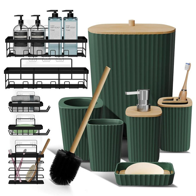 Clara Clark Bathroom Set - Hunter Green Bathroom Accessories Set, 6PC Bathroom Accessory Set, Bathroom Sets with Adhesive Corner Shower Caddy Hanging, Toilet Brush, Trash Can & Soap Dispenser