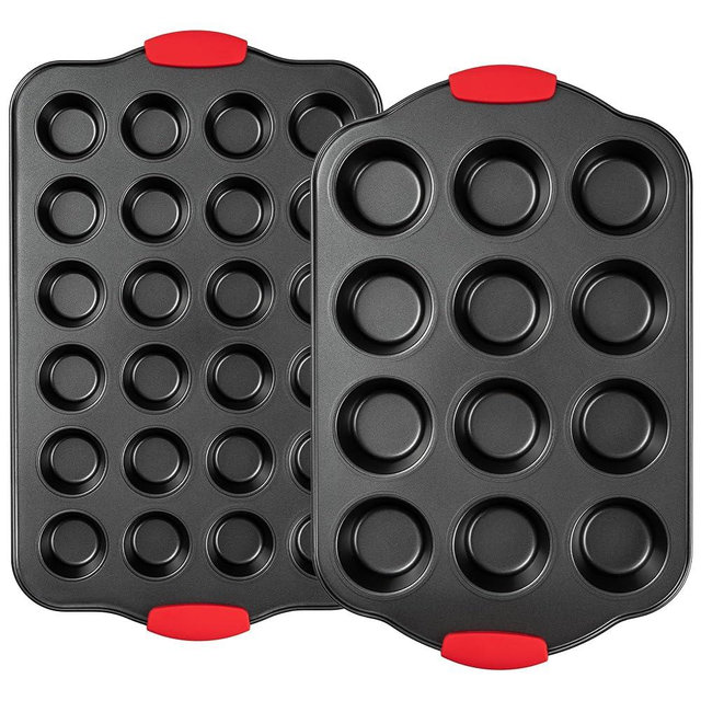 Tiawudi Muffin Pan, Nonstick Cupcake Pan Set, 2 Pack Heavy Duty Muffin Tins for Baking, 12-Cup Regular and 24-Cup Mini Bareware Tray with Silicone Grip Handles