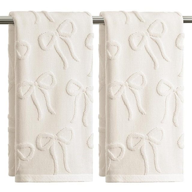 Artoid Mode 2 Pcs Beige 3D Bowknot Jacquard Hand Towels for Bathroom, 100% Cotton Absorbent Bathroom Decor Soft Towels, 13.7 x 29.5 Inch
