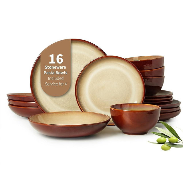 Pokini 16 Piece Double Bowl Plates and Bowls Sets, Ceramic Dinnerware Sets with Pasta Bowls, Dishwasher & Microwave Safe Dish Set, Scratch Resistant Stoneware Plate Set, Service for 4 Brown Yellow