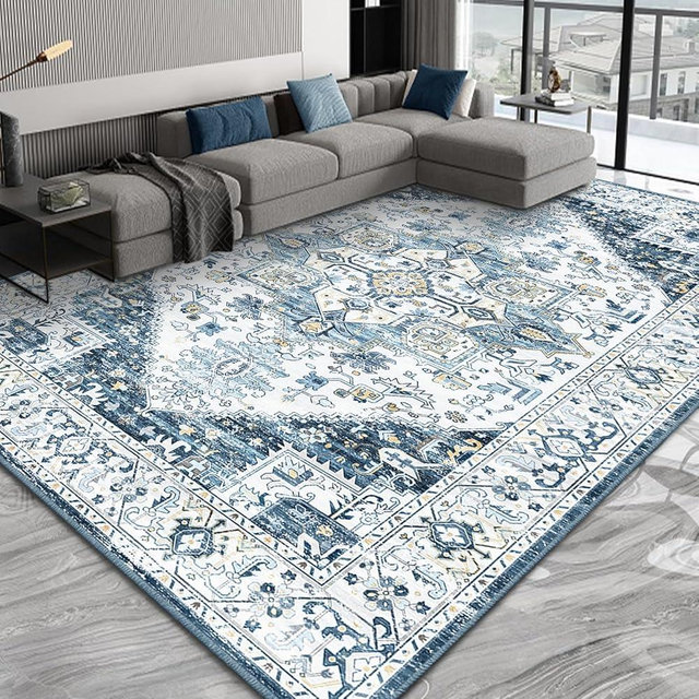 Fortsea 8x10 Area Rugs for Living Room, Machine Washable Non Slip Vintage Retro Rugs, Low Pile Lightweigt Chenille Print Indoor Rug for Bedroom, Dining Room, Home Office (Blue Gold Cream 8X10)…