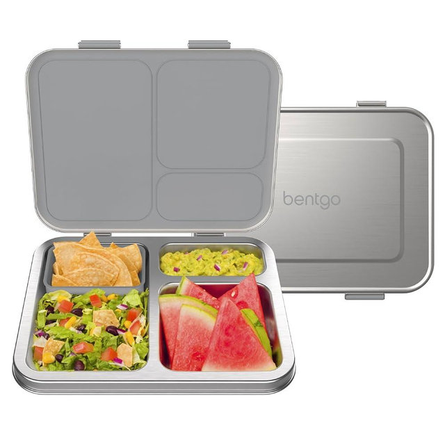 Bentgo Kids Stainless Steel Leak-Resistant Lunch Box - 3-Compartments with Bonus Silicone Container, Durable, Eco-Friendly, Dishwasher Safe, BPA-Free, Ideal for School, Ages 3+ (Silver)