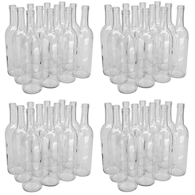 North Mountain Supply 750ml Glass Bordeaux Wine Bottle Flat-Bottomed Cork Finish - 48 Bottles (4 Cases of 12) - Clear/Flint