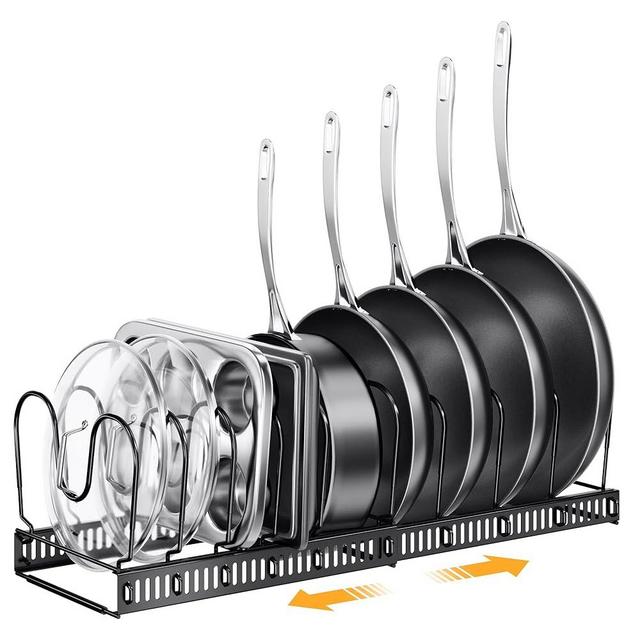 PanPanPal Expandable Pans and Pots Lid Organizer Rack under Cabinet - Rubber-dipped Pan Organizer Rack for Kitchen Cabinet Organizers and Storage with 10 Adjustable Dividers and Anti-scratch Strip