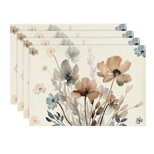 Artoid Mode Brown Poppy Floral Leaves Spring Placemats Set of 4, 12x18 Inch Seasonal Summer Table Mats for Party Kitchen Dining Decoration