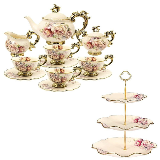 fanquare Vintage Porcelain Tea Set for 6, 3 Tier Porcelain Cupcake Stand, Complementary China Tea Party Set for Wedding