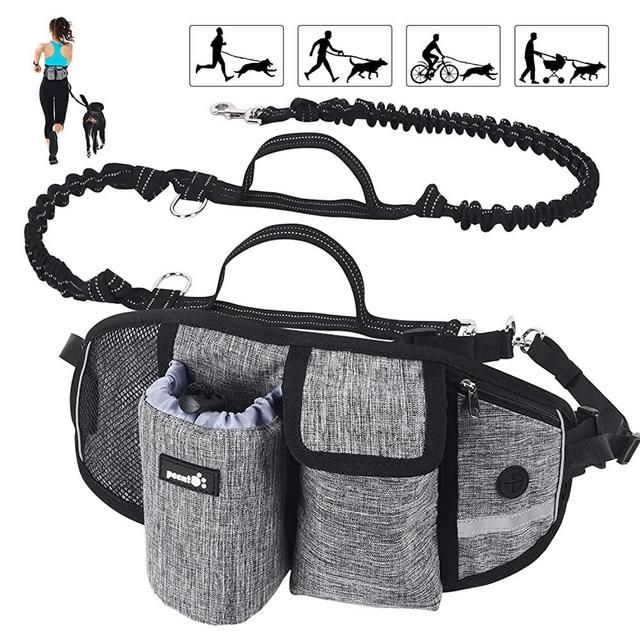 Pecute Hands Free Dog Leash with Multi Pouches, Strong Shock Absorbing Bungees Dog Leash with Reflective Stitches, 2 Handles Dog Waist Belt Leash for Running Hiking Walking