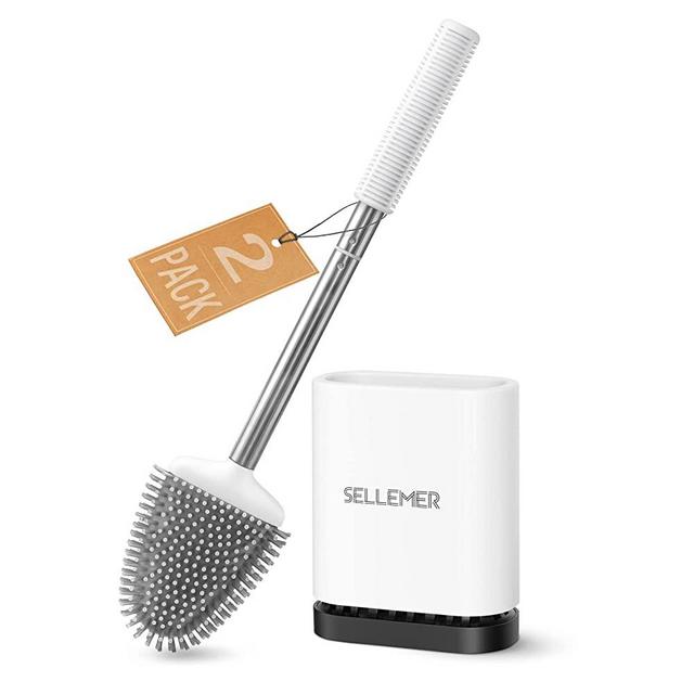 Sellemer Toilet Brush and Holder Set 2 Pack for Bathroom, Flexible Toilet Bowl Brush Head with Silicone Bristles and Stainless Steel Handle, Compact Size for Storage, Ventilation Slots Base