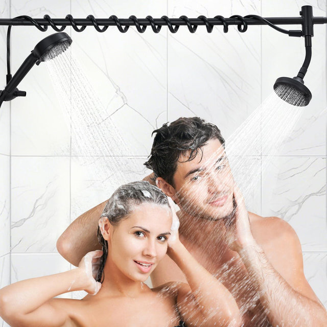 Double Shower Head, High Pressure Tandem Shower, 7-Setting Handheld Shower Head, Filter Shower Head 360 Degrees Adjustable Top Spray