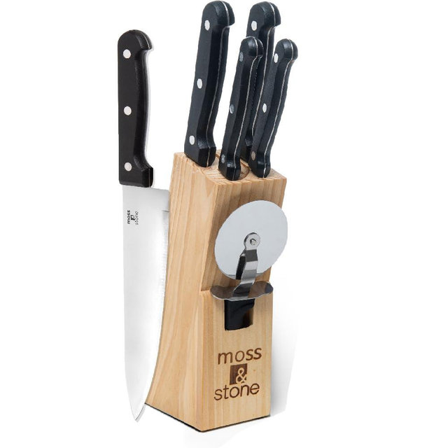 Moss & Stone Stainless Steel Serrated Small Knife Set, Kitchen knives Set With High-Carbon Stainless Steel Blades & Wood Block Set, Cutlery Knife Set Small, Basics 7 Piece Kitchen Knifes