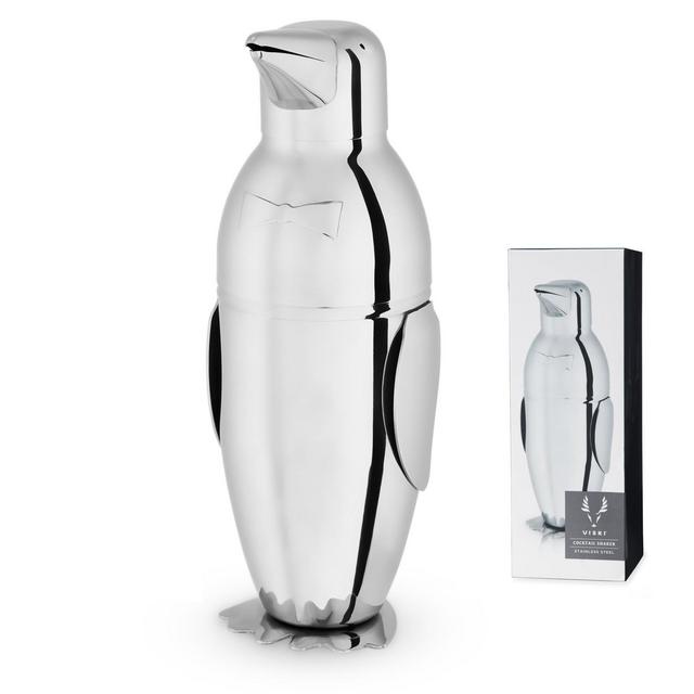 Viski Penguin Cocktail Shaker, 17 oz Stainless Steel Cobbler Shaker With Strainer, Silver