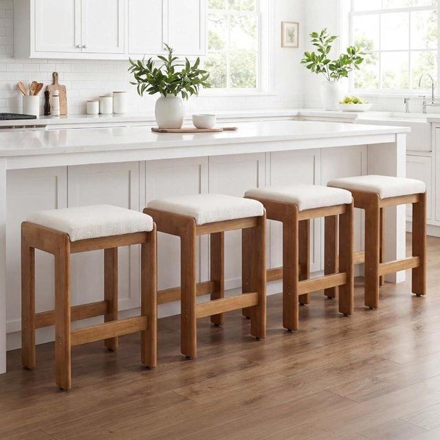 CIMOTA 27 Inch Wooden Bar Stools Set of 4, Backless Saddle Counter Height Stools with Fabric Upholstered Cushion, Modern Farmhouse Wood Stool Chair for Kitchen Island/Counter/Bar, Linen Beige