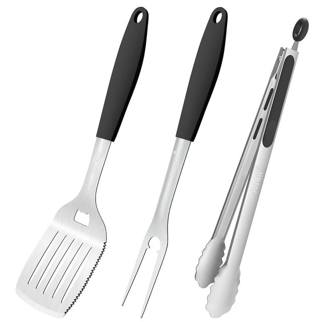 POTWIY BBQ Grilling Accessories, 3Pcs Stainless Steel Grill Tools Accessories Set with Spatula, Fork and Tongs, Barbecue Utensils Grilling Tools for Outdoor Camping, Heat-Resistant Silicone Handle