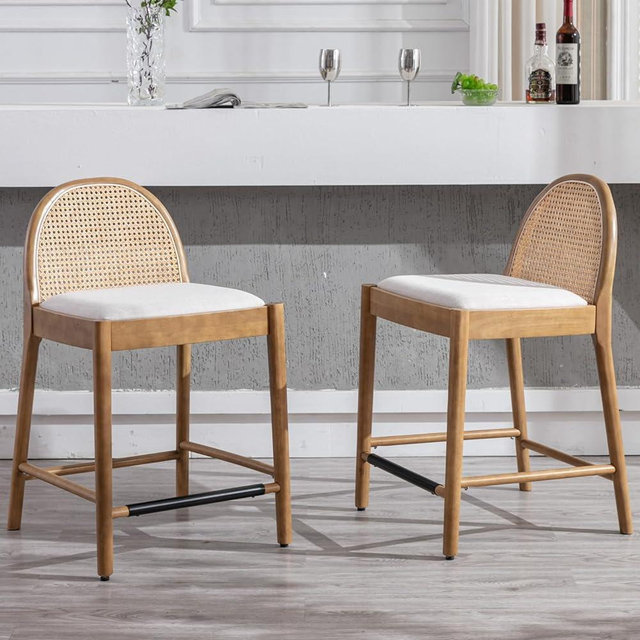 Ya-Home Mid-Century Bar Stools Set of 2, 26 Inch Rattan Back Linen Counter Height Barstools Comfy Upholstered Bar Chairs with Wooden Legs for Kitchen Dining Room, Beige