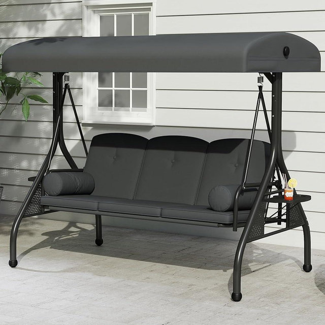 DAYARUS Porch Swing with Stand, Meatl Outdoor Swings for Adults, All Weather Outdoor Patio Swings with Canopy, Yard Swing with Canopy, 2 in 1 Swing Bed with Cupholders and Pillows for Backyard, Grey