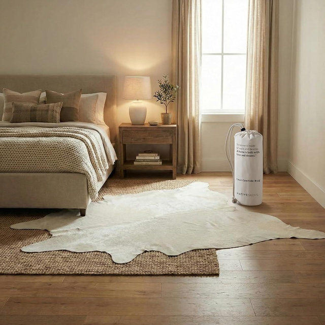 NativeSkins Faux Cowhide Rug – Cloud White (Large) | 4.6ft x 6.6ft | Cow Print | Western Bedroom Decor | Hand-Cut, Faux Suede No-Slip Backing | Western Rug | Animal Print | Cow Hide