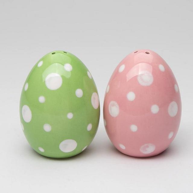 Fine Ceramic Pink & Green Easter Egg Salt & Pepper Shakers Set, 2-3/4" H