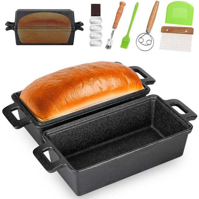 9 x 5 Inch Cast Iron Loaf Pan with Lid, 2-In-1 Dutch Oven for Bread Baking, Sourdough Bread Pan with Baking Tool Supplies Kit for Homemade Bread, Cake, Meatloaf, 2 Piece Set