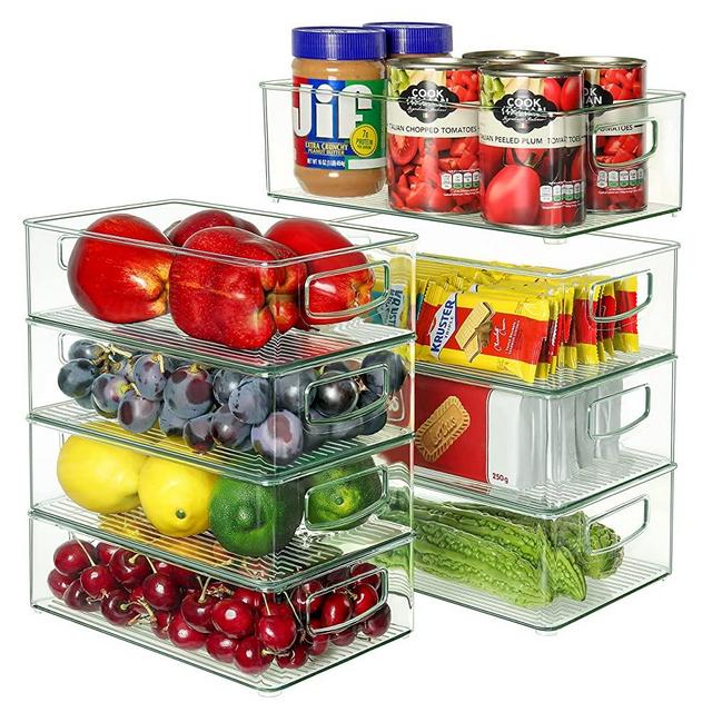 Set Of 8 Refrigerator Organizer Bins - 4 Large and 4 Medium Stackable Plastic Clear Food Storage Bin with Handles for Pantry, Freezer, Fridge, Cabinet, Kitchen Countertops - BPA Free