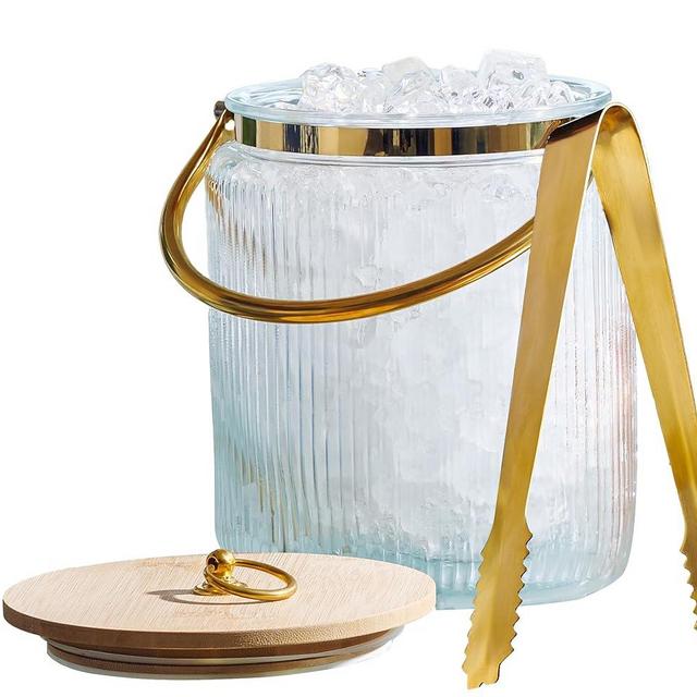 Glass Ice Bucket with Airtight Lid, Ice Tong Scooper and Handle - 3L Ribbed Beverage Tub Cocktail Home Bar Accessories, Wine, Beer - Chiller for Parties, Champagne Drink Tub Cooler with Hinged Handles