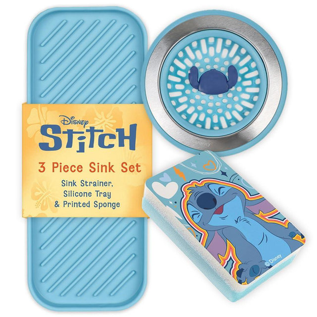Disney 3-in-1 Kitchen Sink Accessories Set – Sink Drain Strainer, Dish Sponge, & Silicone Sink Tray – Featuring Stitch & Winnie the Pooh