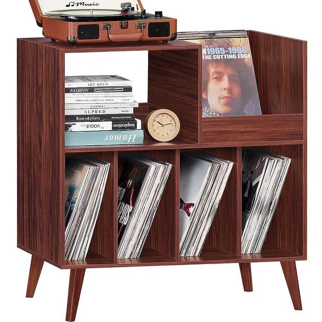 LELELINKY Large Record Player Stand, Turntable Stand with Storage, Vinyl Record Holder with Display Area, Record Player Table Holds Up to 300 Albums, Record Stand for Music Room Living Room-Walnut