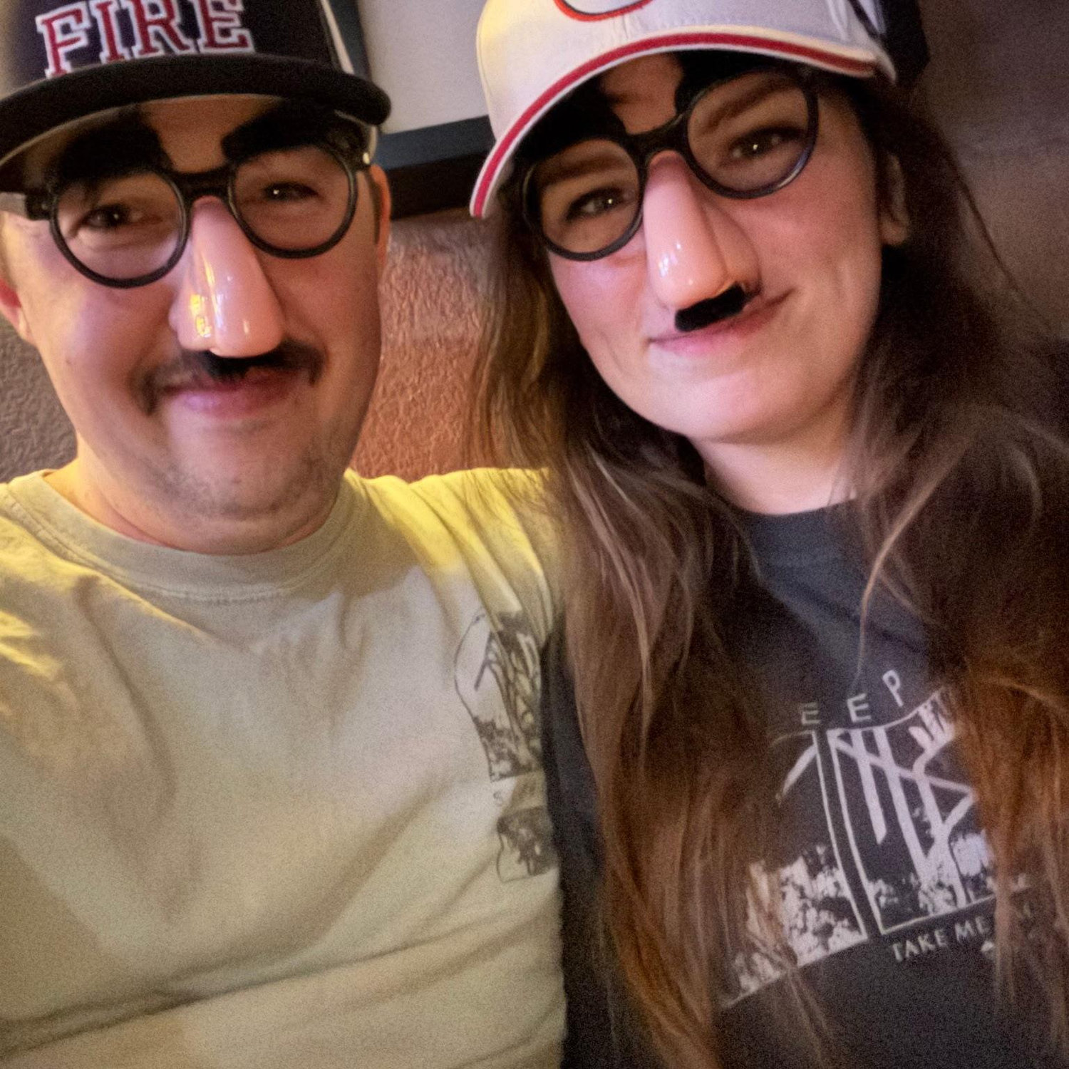 Our disguises for spying on Kaitie our friend while she was on a first date! We drew more attention than we wanted to!