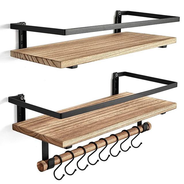 BAYKA Floating Shelves for Wall, Wood Wall Mounted Storage Shelves for Bathroom Kitchen Bedroom, Rustic Decor Shelves with 8 Removable Hooks and Towel Bar, Set of 2