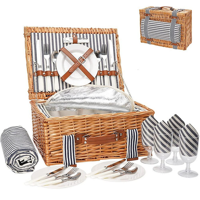 Wicker Picnic Basket Set for 4 Persons with Blanket,Handmade Willow Picnic Basket with Insulated Cooler & Cutlery Kit, Gift Basket for Couples,Valentine Day,Birthday, Wedding, Outdoor Party
