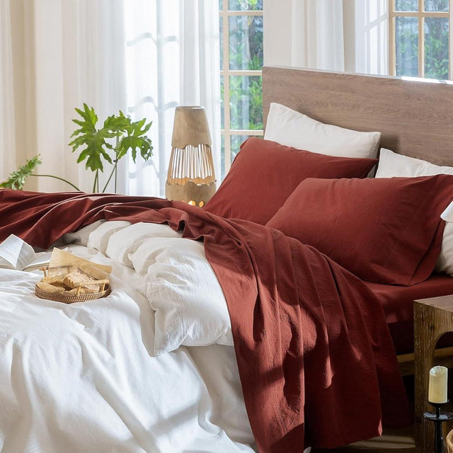 MooMee Bedding Sheet Set 100% Washed Cotton Linen Like Textured Breathable Durable Soft Comfy (Solid Fired Brick Red, King)