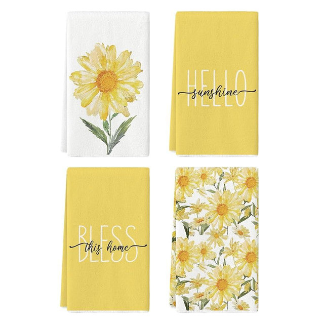 Artoid Mode Yellow Hello Sunshine Daisy Bless This Home Spring Kitchen Towels Dish Towels, 18x26 Inch Seasonal Summer Decoration Hand Towels Set of 4