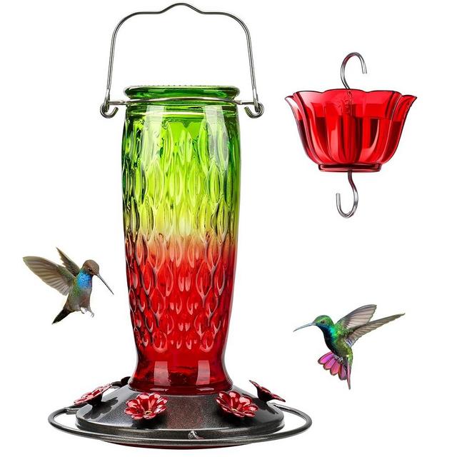 Kingsyard Hummingbird Feeders for Outdoors Hanging, 24 Ounce, Glass Hummingbird Feeder with Ant Moat & 6 Bee Guard Feeding Ports, Leak-Proof, Green & Red