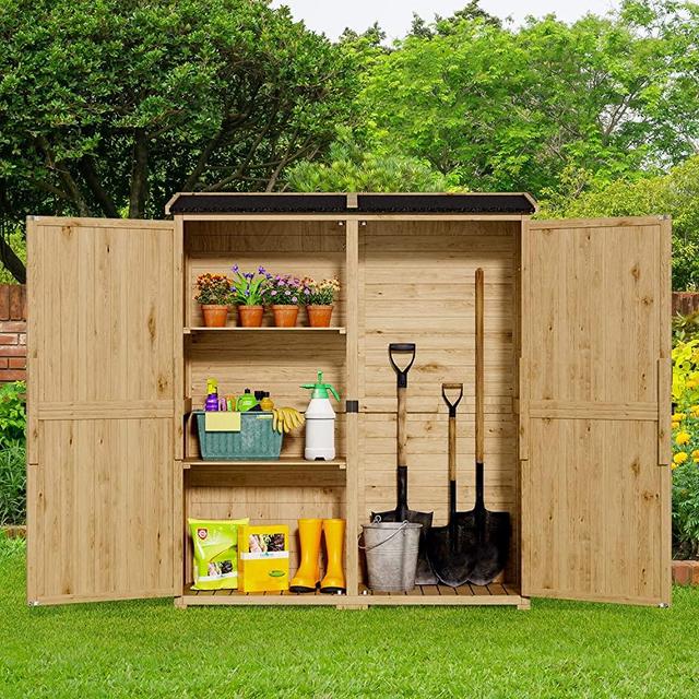 Gizoon Outdoor Storage Cabinet with Large Storage Space, Wooden Storage Shed with 2 Removable Shelves, Double Lockable Doors Garden Shed with Waterproof Roof for Patio, Garden, Backyard, Lawn