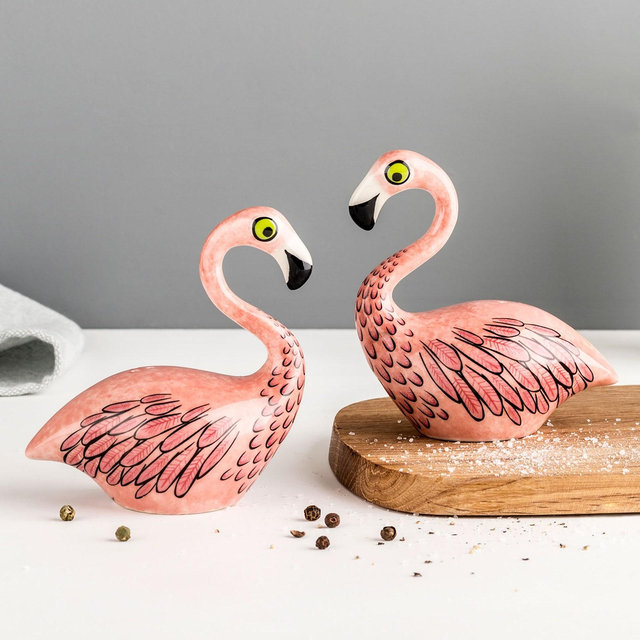 Handmade Ceramic Flamingo Salt and Pepper Shakers, designed in the UK by Hannah Turner. Retro pottery Flamingo cruet set, Flamingo gift.