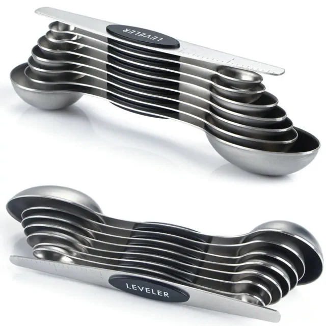 Modern Design Magnetic Measuring Spoons BLACK Set of 8 Stainless Steel Dual Sided Stackable Nesting TSP and TBS