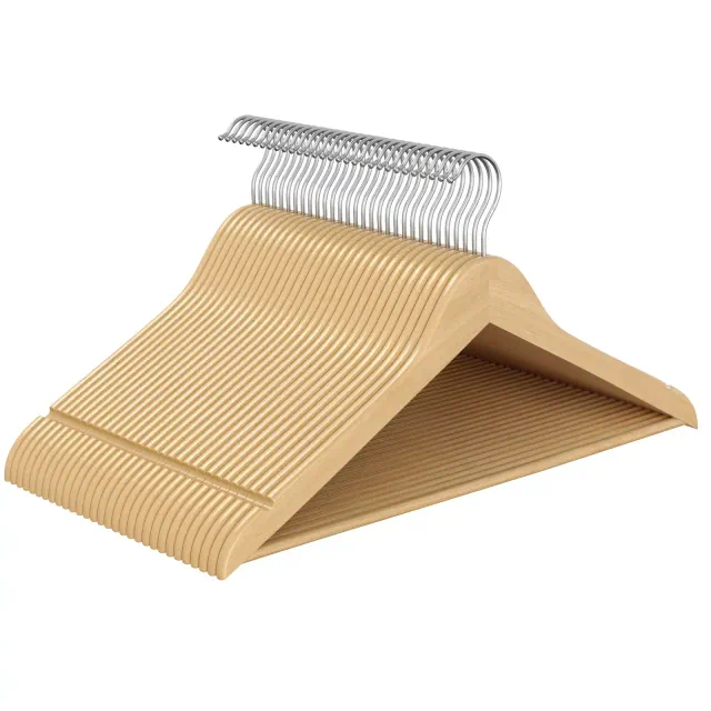 30 Pack Wooden Hangers with 360¡ã Swivel Hooks, Solid Birch Wood, Space-Saving Coat & Pants Hangers, Natural Beige