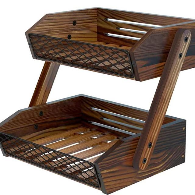 Fruit Basket for Kitchen,Dorhors 2 Tier Fruit Bowl for Kitchen Counter,Wooden Fruit Holder for Kitchen Countertop,Bread Fruit Vegetable Storage Basket Stand