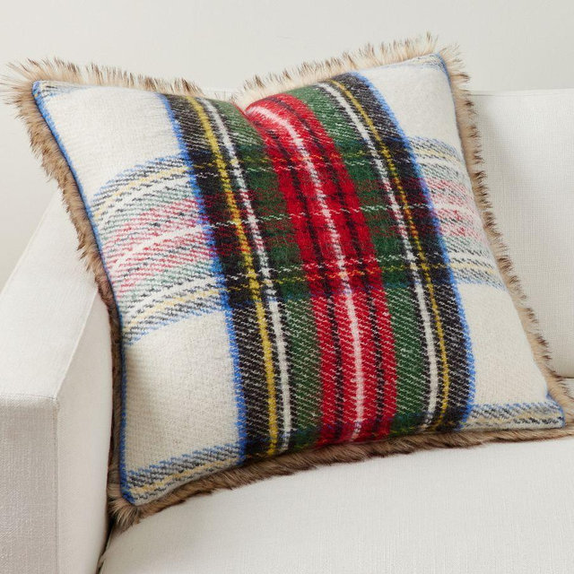 Stewart Plaid w/ Fur Back Pillow: 24 Inches: Ivory Multi