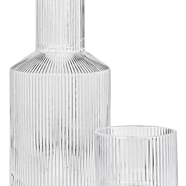 Red Co. Textured Round Clear Glass Bedside Water Serving Carafe with Tumbler – 2-Piece Beverage Set