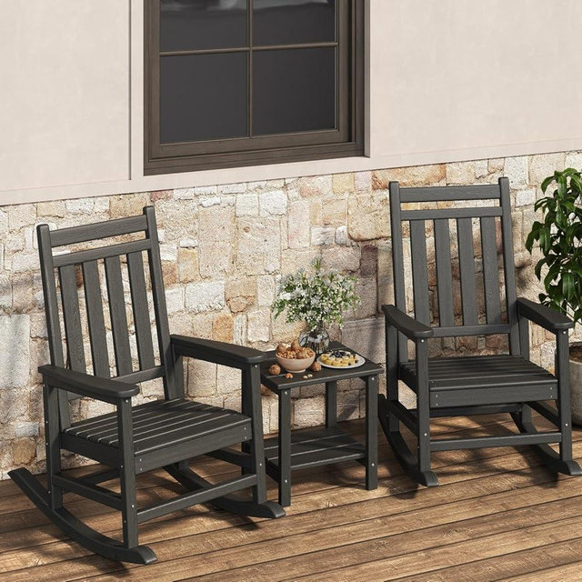 HDPE Rocking Chair Outdoor Set of 2 with Side Table - Poly High Back Porch Rocker Chairs for Adults - All Weather Resistant Furniture for Patio Front Porch - Black