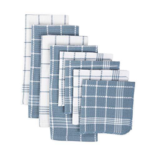 J&M Home Fashions Waffle Weave Terry Dishtowel & Dishcloth Set, Assorted, Blue 8 Pack
