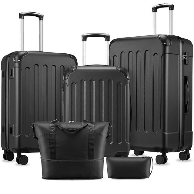 YOETEY Luggage Sets 5 Piece, Hardside Suitcase with Wheels, TSA Approved, Black