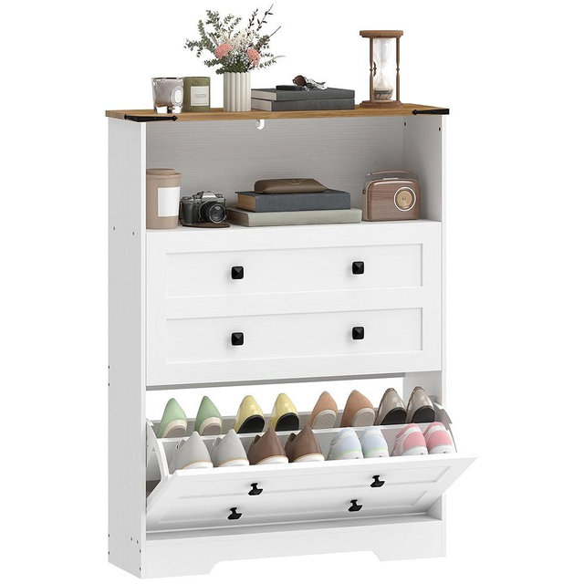 HOMCOM Shoe Cabinet with 2 Flip Drawers, Narrow Shoe Storage Cabinet with Adjustable Shelves and Open Shelf, Farmhouse Storage Organizer for Entryway, Hallway, Holds 12-16 Pairs, White