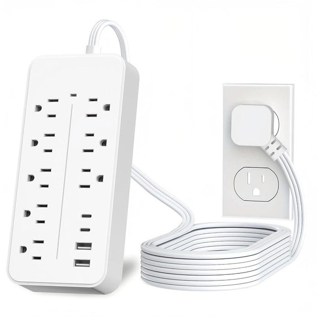Flat Extension Cord 15 ft, Surge Protector Power Strip with 8 Outlets 4 USB, Flat Plug Outlet Extender, Extension Cord with Multiple Outlets for Indoor, Office Supplies, Dorm Room Essentials, White