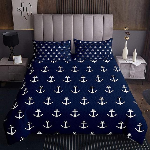 Feelyou Ocean Nautical Bedspread 3Pcs Anchor Bedding Quilt Set Sea Adventure Coverlet Soft Luxury Quilted Queen Size,Navy Blue