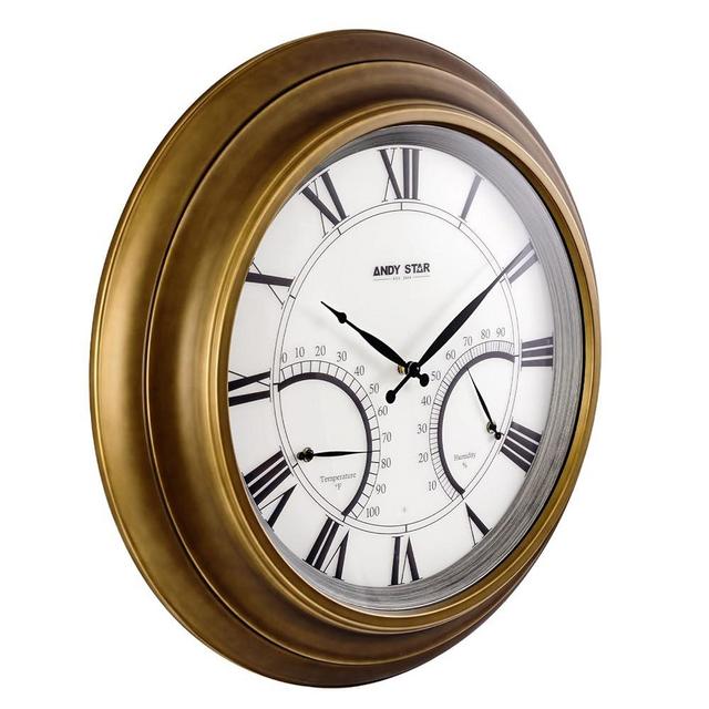 ANDY STAR 24 Inch Outdoor Clocks Waterproof,Large Outdoor Wall Clocks for Patio with Thermometer Combo, Illuminated Indodor Metal Clock Battery Operated Non Ticking, House Warming Gifts Gold Finish