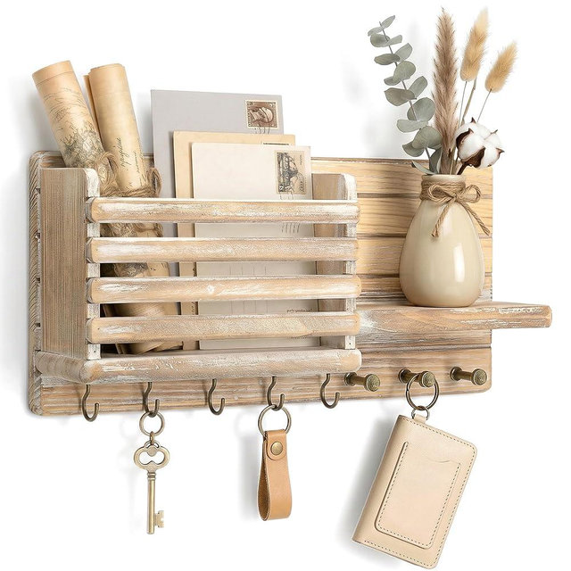 Rebee Vision Pine Wood Key Holder Wall Mount for Home Decor -Farmhouse Key Holder For Wall with 8 Hooks for Hats - Rustic Wall Mount with Floating Shelf for Small Plants（Natural Wood ）