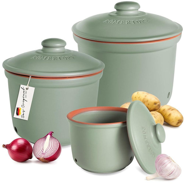Romertopf Freshness Storage Potato Onion Garlic Clay Pot Set of 3 with Lids - Green