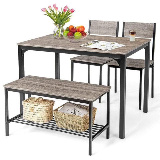 Tangkula 4-Piece Dining Table Set, Kitchen Table with Bench and Chairs, Metal Frame, Space-Saving Furniture, Modern 4-Person Dinette for Kitchen, Dining Room